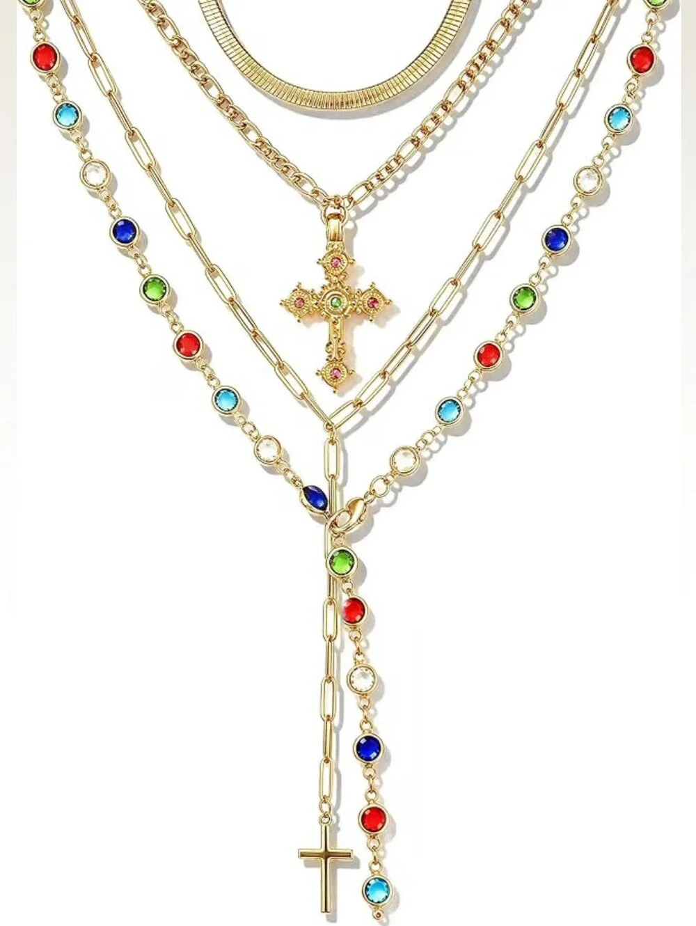 4Pcs Layered Gold Cross Necklace Adjustable Y-Drop Boho Set Stackable